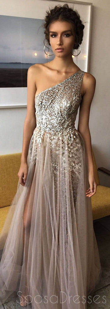 One Shoulder Sexy Side Slit Heavily Beaded Sparkly Long Evening Prom Dresses, 17270