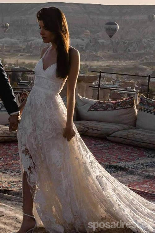 Lace Straps Side Slit Lace Cheap Wedding Dresses Online, Cheap Bridal Dresses, WD522