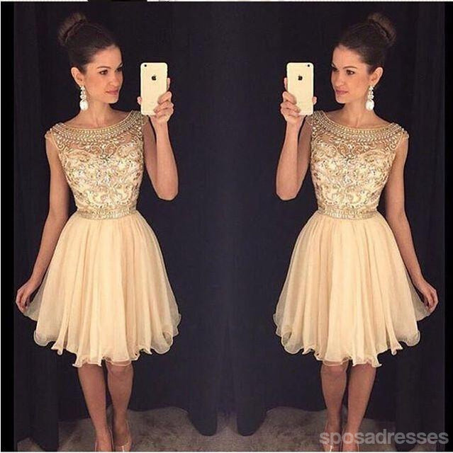 Champagne beaded See through Sexy homecoming prom dresses, CM0011