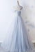 Off Shoulder Pale Blue Tulle A-line Long Evening Prom Dresses, Cheap Party Custom Prom Dresses, 18626