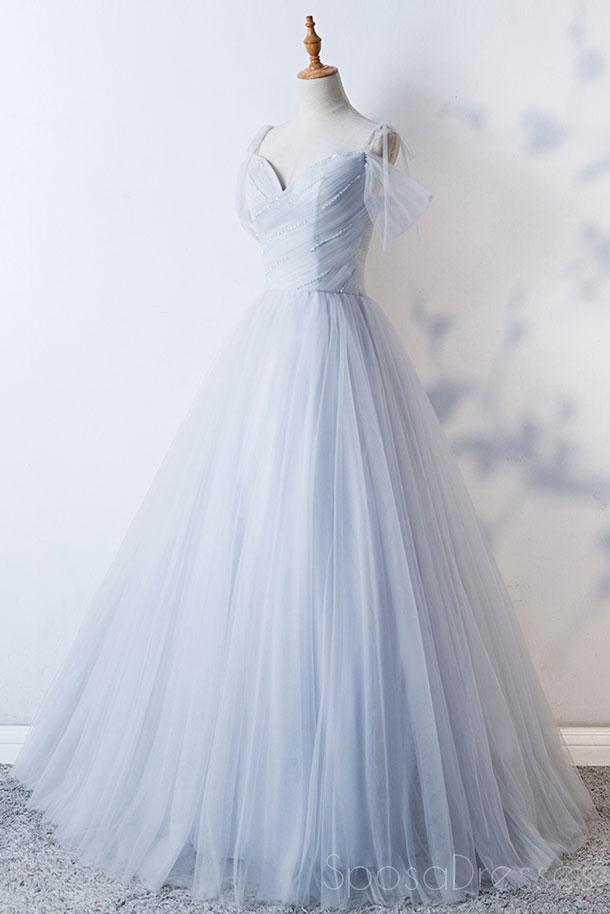 Off Shoulder Pale Blue Tulle A-line Long Evening Prom Dresses, Cheap Party Custom Prom Dresses, 18626