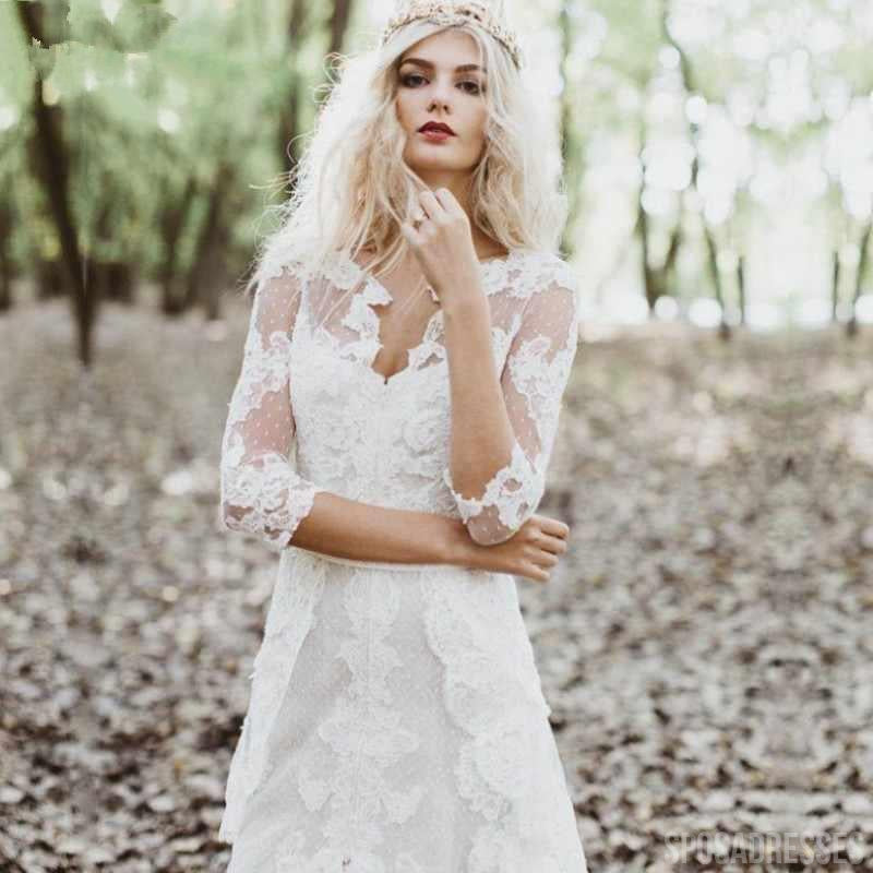 Long Sleeves See Through Lace Boho Wedding Dresses, Cheap Wedding Gown, WD686