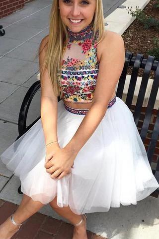Sexy Two Pieces White Embroidery Cheap Homecoming Dresses Online, Cheap Short Prom Dresses, CM744