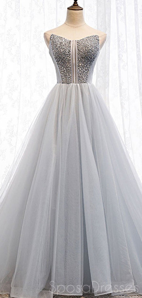 Scoop Grey Tulle A-line Cheap Long Evening Prom Dresses, Sweet 16 Prom Dresses, 12360