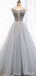 Scoop Grey Tulle A-line Cheap Long Evening Prom Dresses, Sweet 16 Prom Dresses, 12360