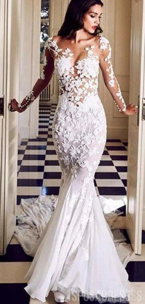 Sexy Long Sleeves See Through Mermaid Wedding Dresses Online, Cheap Wedding Gown, WD661