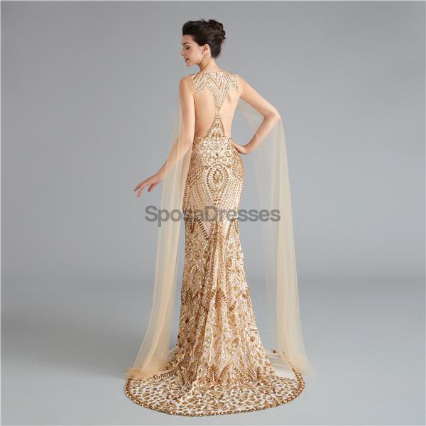 V Neck Unique Sleeves Mermaid Sequin Evening Prom Dresses, Evening Party Prom Dresses, 12118