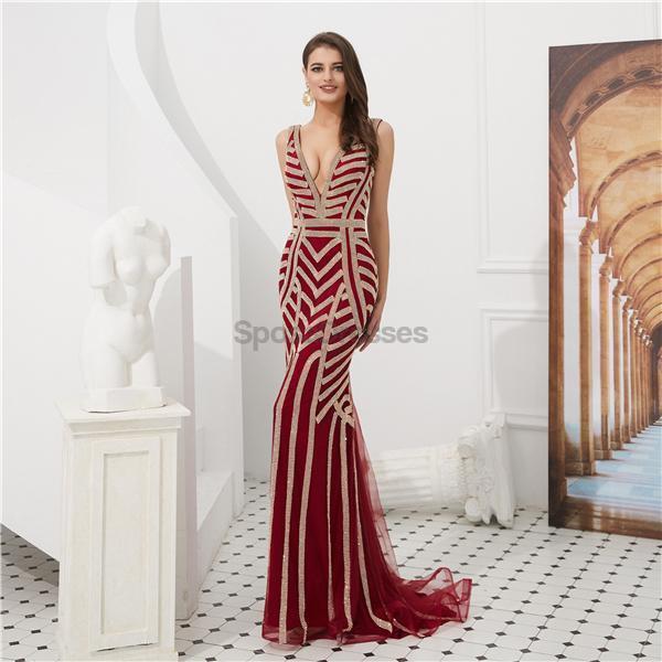 V Neck Beaded Mermaid Sexy Evening Prom Dresses, Evening Party Prom Dresses, 12085