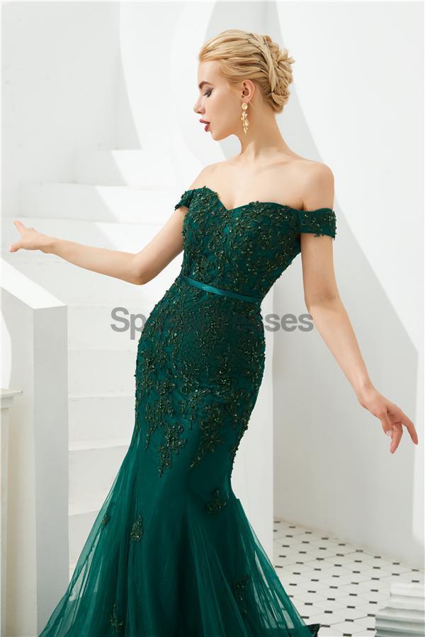 Emerald Green Lace Applique Mermaid Evening Prom Dresses, Evening Party Prom Dresses, 12128