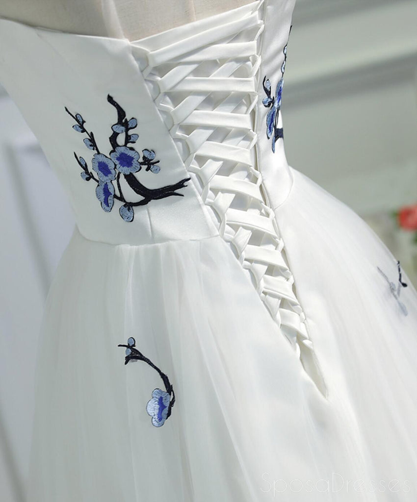 Simple Elegant Women Fashion White Embroidery Long Evening Prom Dresses, Popular Cheap Long 2018 Party Prom Dresses, 17301