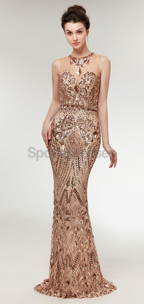 Illusion Gold Sequin Sparkly Mermaid Long Evening Prom Dresses, Evening Party Prom Dresses, 12012