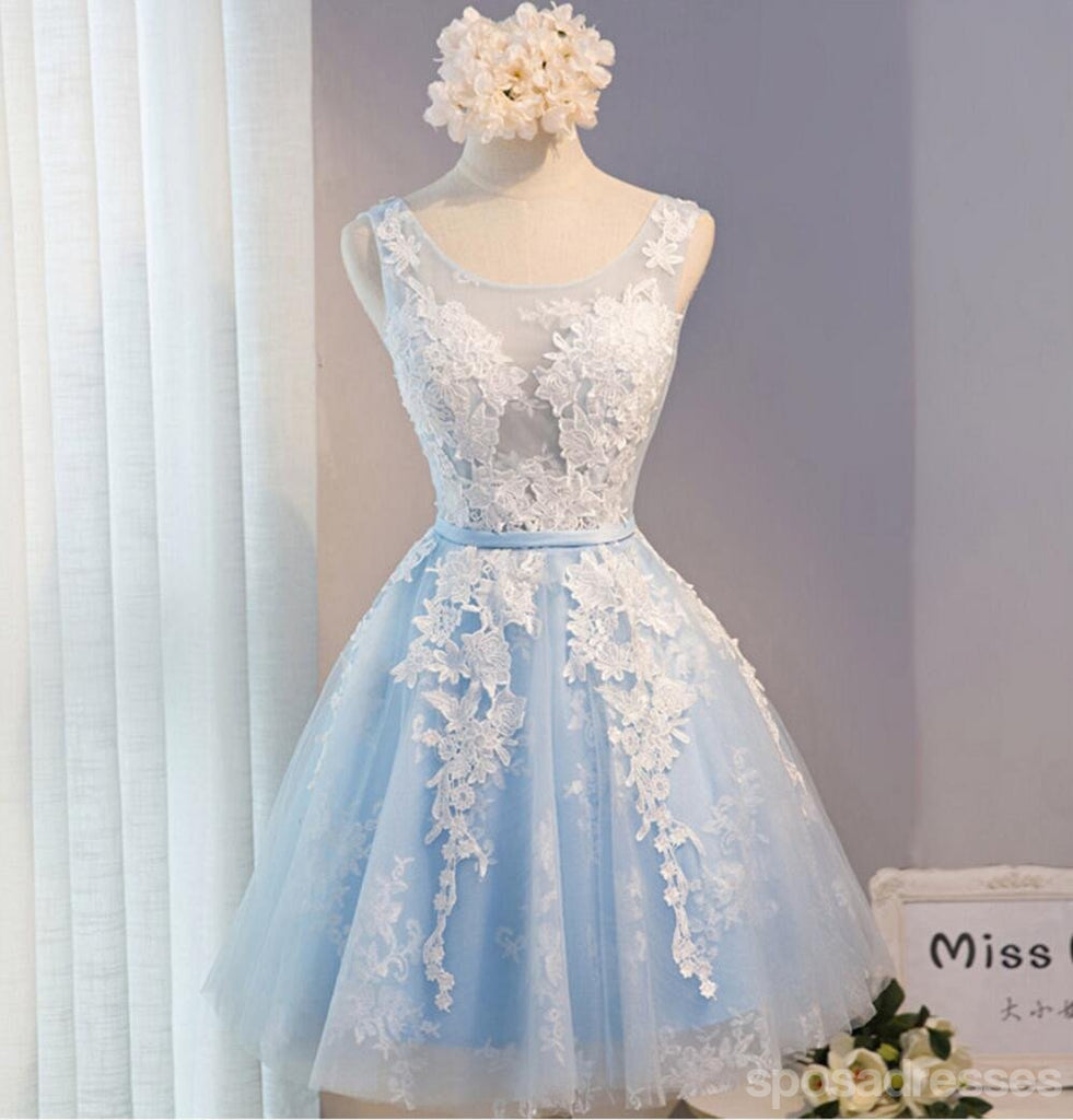See Through Light Blue Skirt Ivory Lace Homecoming Prom Dresses, Cheap Homecoming Dresses, CM278