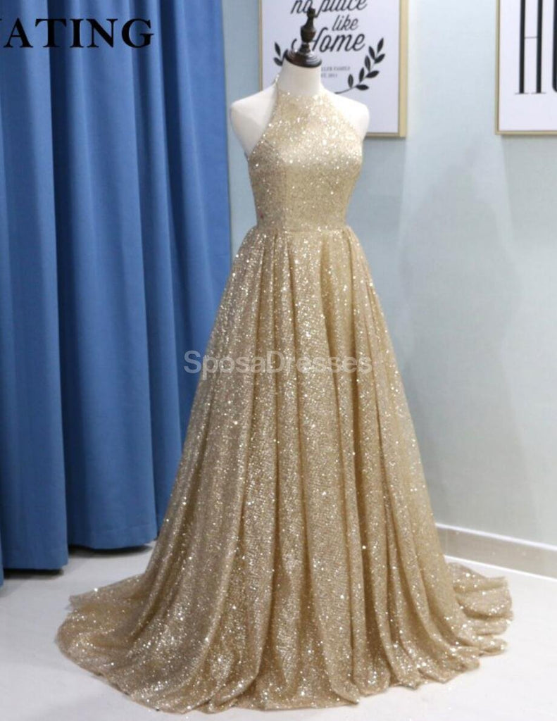 Sparkly Gold Sequin A-line Long Evening Prom Dresses, Evening Party Prom Dresses, 12295