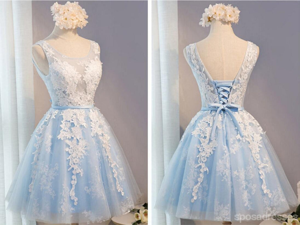 See Through Light Blue Skirt Ivory Lace Homecoming Prom Dresses, Cheap Homecoming Dresses, CM278