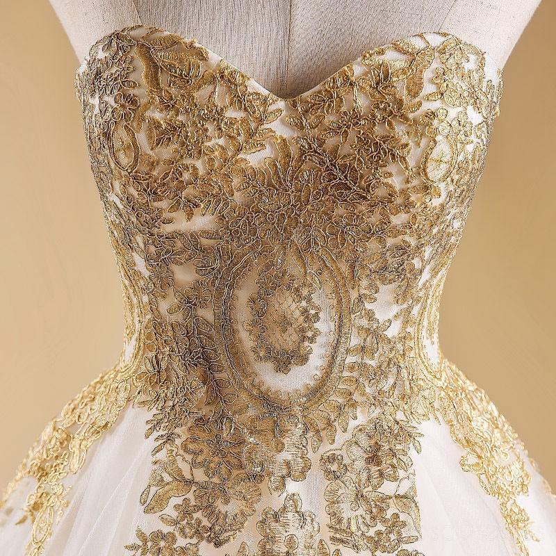 Sweetheart Gold Lace A-line Long Evening Prom Dresses, Cheap Custom Sweet 16 Dresses, 18527