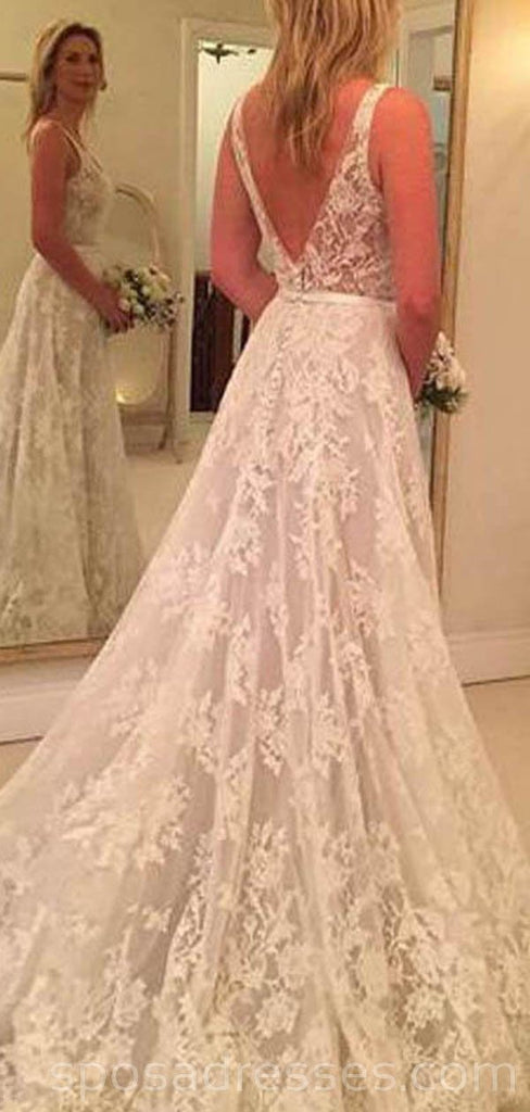 Backless V Neck A-line Lace Cheap Long Wedding Dresses Online, Cheap Bridal Dresses, WD523