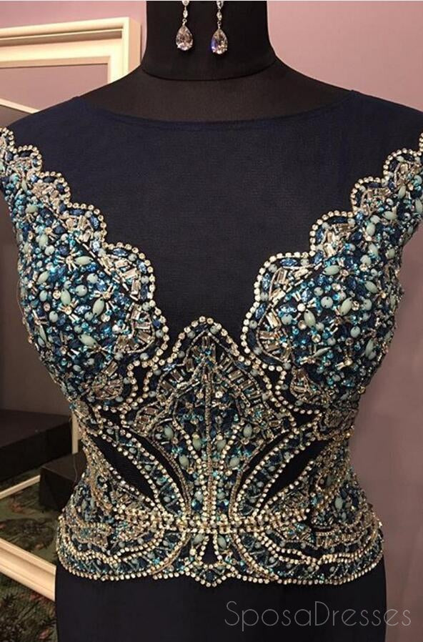Navy Mermaid Delicate Beading Scoop Neckline Long Evening Prom Dresses, Popular Cheap Long 2018 Party Prom Dresses, 17285