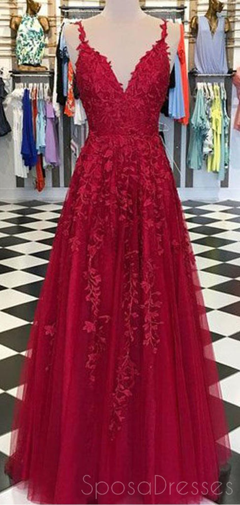 Spaghetti Straps Lace Dark Red Cheap Long Evening Prom Dresses, Cheap Custom Sweet 16 Dresses, 18511