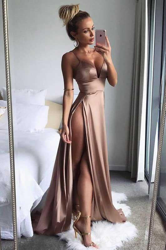 Simple Sexy Side Slit V Neck Affordable Long Evening Prom Dresses, 17457