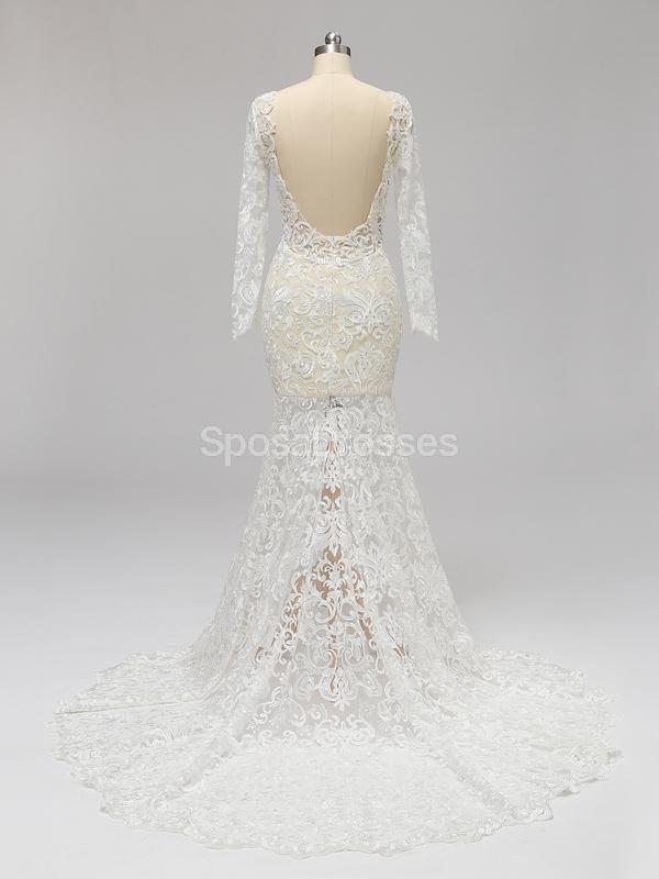 Long Sleeves Backless Lace Mermaid Wedding Dresses Online, Cheap Unique Bridal Dresses, WD585