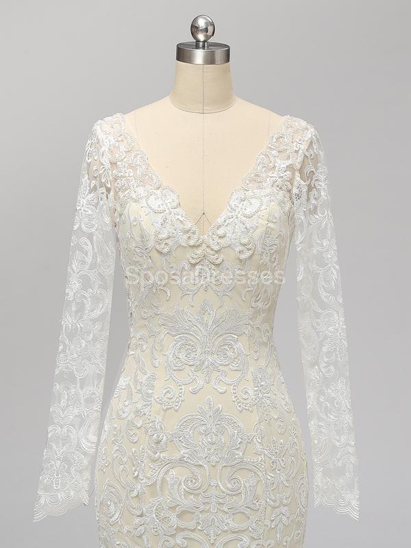 Long Sleeves Backless Lace Mermaid Wedding Dresses Online, Cheap Unique Bridal Dresses, WD585