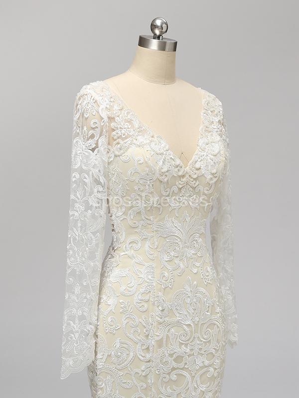 Long Sleeves Backless Lace Mermaid Wedding Dresses Online, Cheap Unique Bridal Dresses, WD585