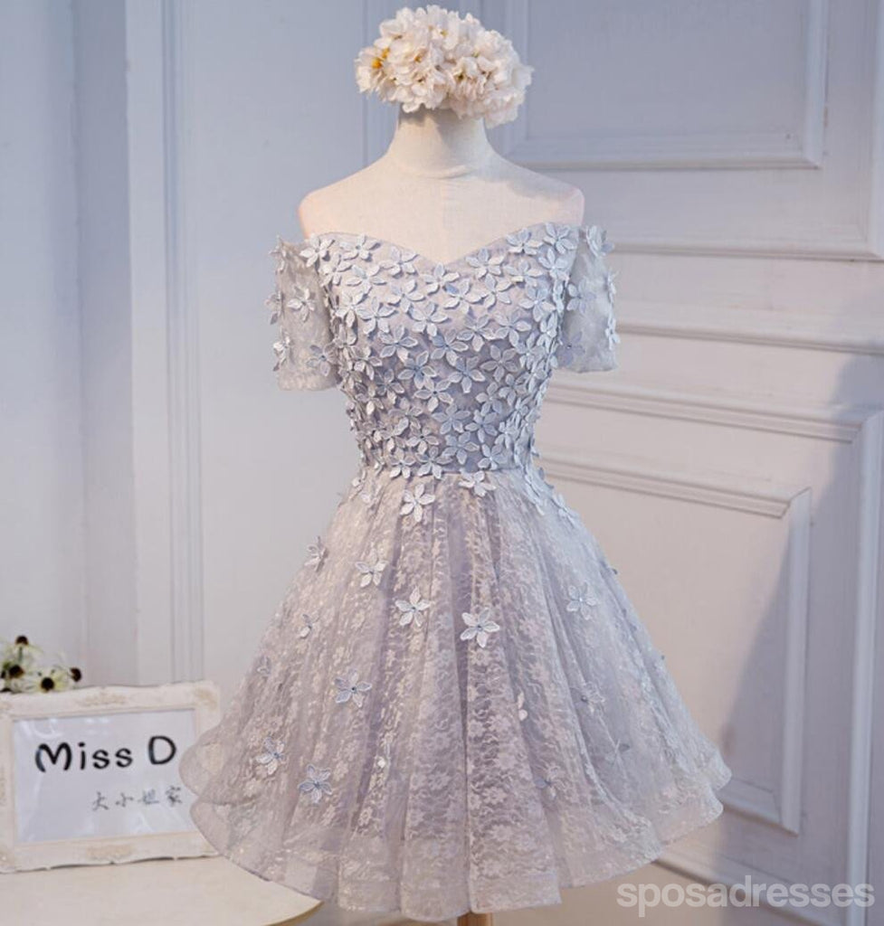 Short Sleeve Off Shoulder Gray Lace Homecoming Prom Dresses, Affordable Short Party Prom Dresses, Perfect Homecoming Dresses, CM279