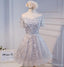 Short Sleeve Off Shoulder Gray Lace Homecoming Prom Dresses, Affordable Short Party Prom Dresses, Perfect Homecoming Dresses, CM279