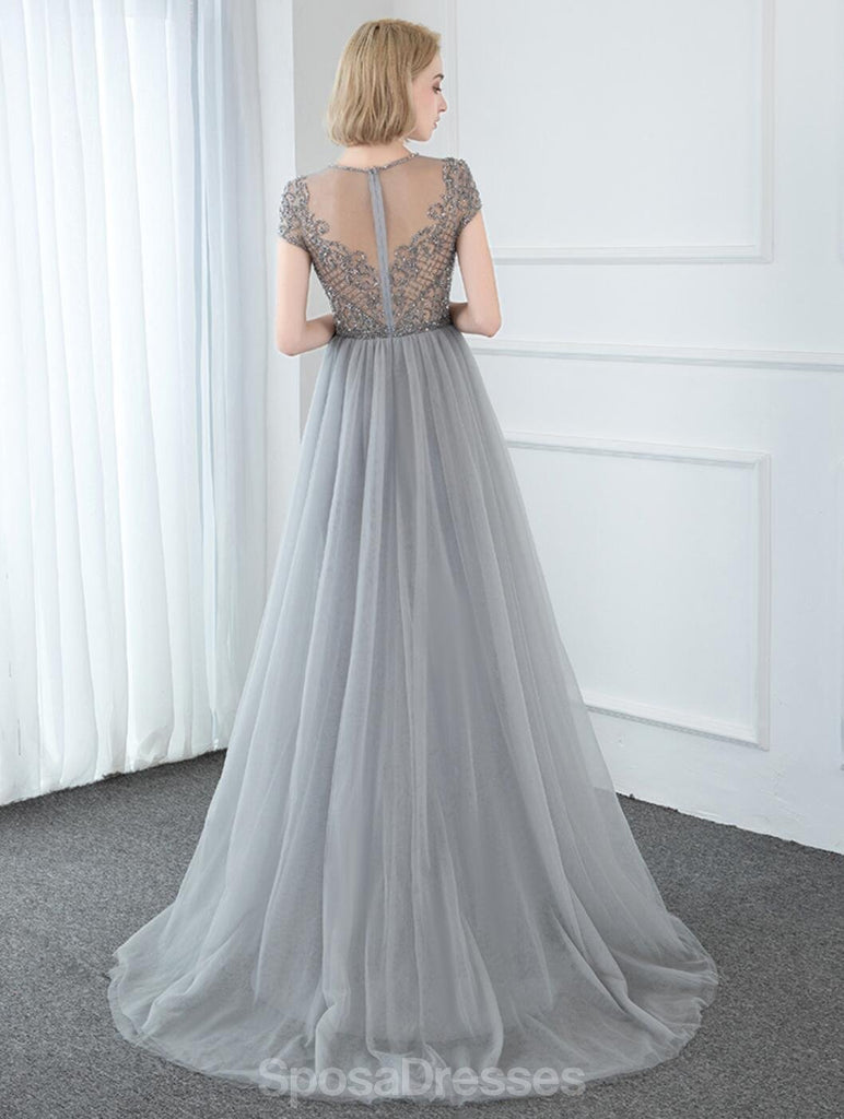 Short Sleeve Heavily Beaded Grey Long Cheap Evening Prom Dresses, Evening Party Prom Dresses, 12327