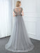 Short Sleeve Heavily Beaded Grey Long Cheap Evening Prom Dresses, Evening Party Prom Dresses, 12327