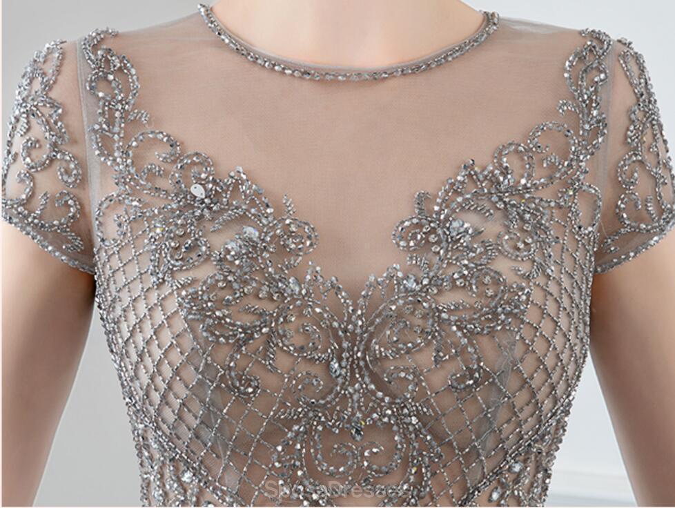 Short Sleeve Heavily Beaded Grey Long Cheap Evening Prom Dresses, Evening Party Prom Dresses, 12327