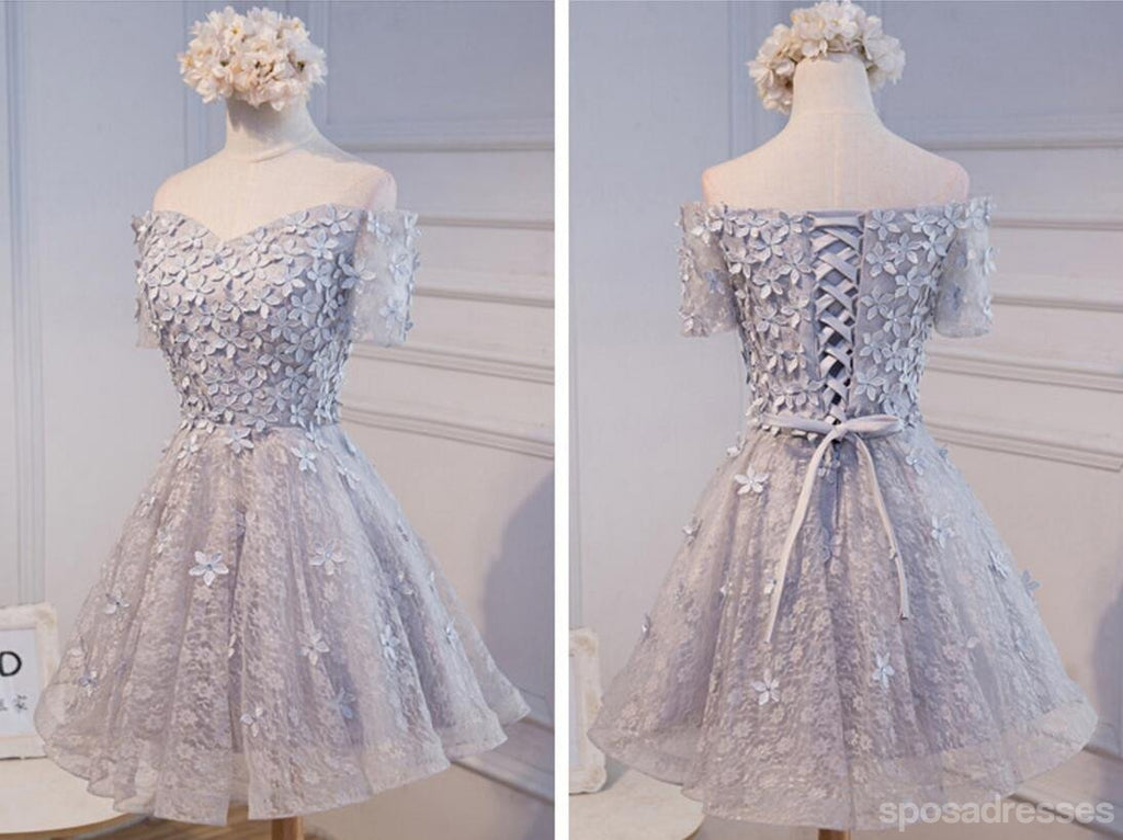 Short Sleeve Off Shoulder Gray Lace Homecoming Prom Dresses, Affordable Short Party Prom Dresses, Perfect Homecoming Dresses, CM279
