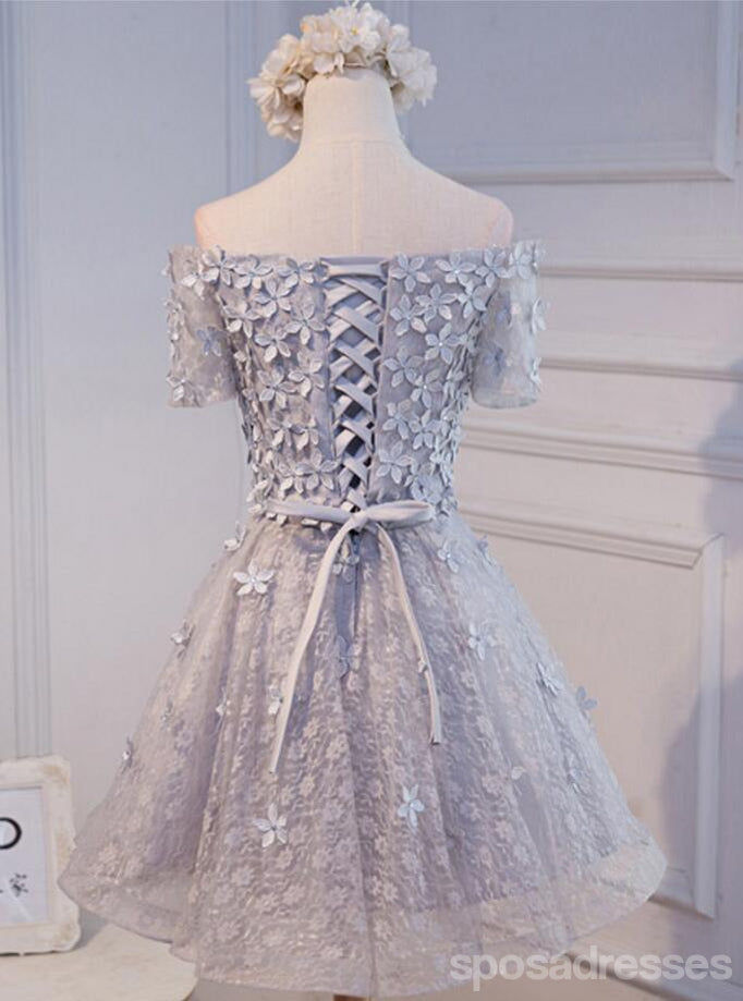 Short Sleeve Off Shoulder Gray Lace Homecoming Prom Dresses, Affordable Short Party Prom Dresses, Perfect Homecoming Dresses, CM279