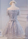 Short Sleeve Off Shoulder Gray Lace Homecoming Prom Dresses, Affordable Short Party Prom Dresses, Perfect Homecoming Dresses, CM279