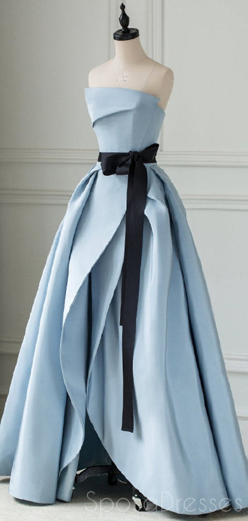 Simple A-line Strapless Blue Long Prom Dresses, Sweet 16 Prom Dresses, 12498