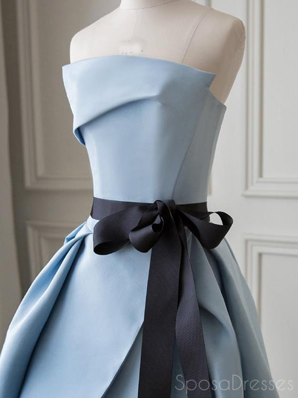 Simple A-line Strapless Blue Long Prom Dresses, Sweet 16 Prom Dresses, 12498