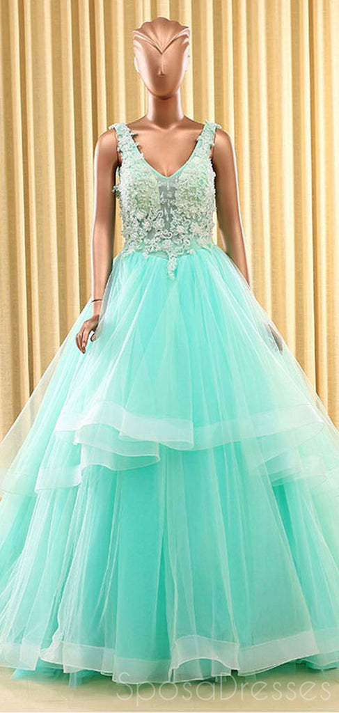 Simple A-line V Neck Applique Prom Dresses, Sweet 16 Prom Dresses, 12508