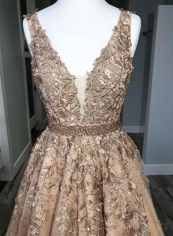 V Neck Lace Beaded Long Evening Prom Dresses, Cheap Custom Party Prom Dresses, 18600