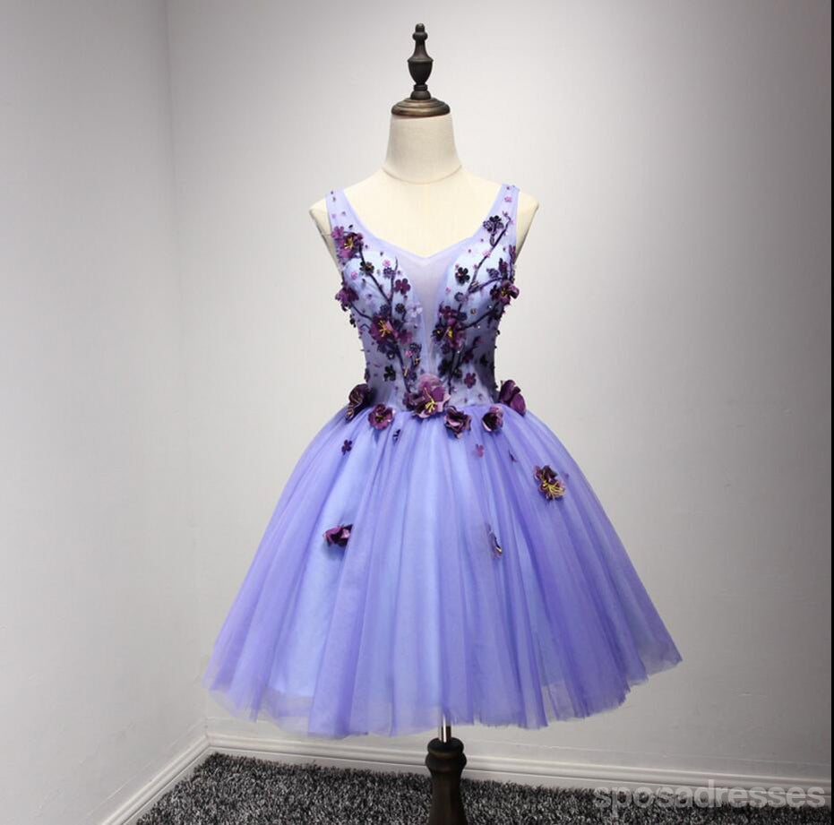 Purple V Neckline Two Straps Beaded Homecoming Prom Dresses, Cheap Cocktail Dresses, CM212