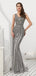V Neck Grey Beaded Mermaid Evening Prom Dresses, Evening Party Prom Dresses, 12089