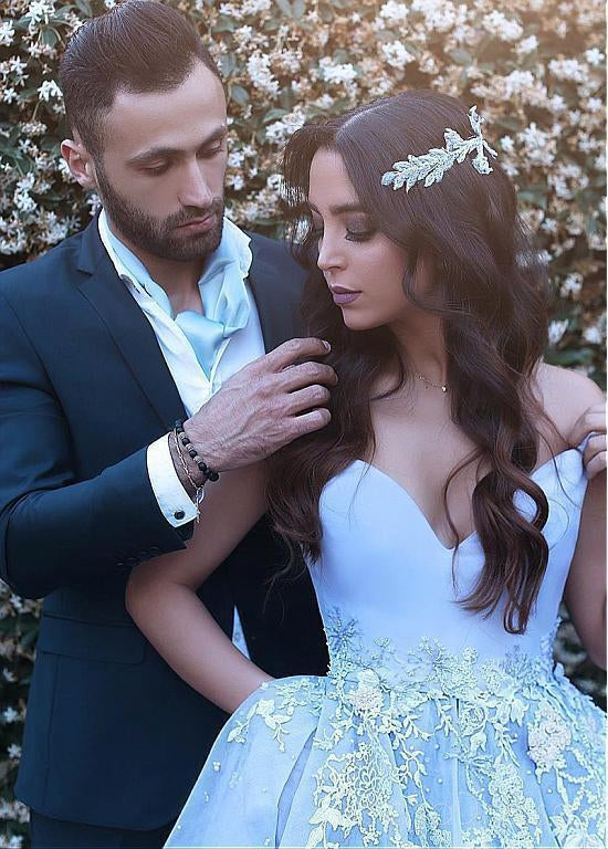 Off Shoulder V Neck Backless Light Blue A-line Floor Length Custom Long Evening Prom Dresses, 17385