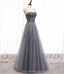 Spaghetti Straps Grey Rhinestone Beaded A-line Long Evening Prom Dresses, Evening Party Prom Dresses, 12330