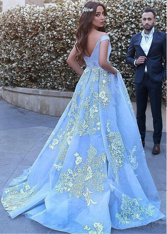 Off Shoulder V Neck Backless Light Blue A-line Floor Length Custom Long Evening Prom Dresses, 17385