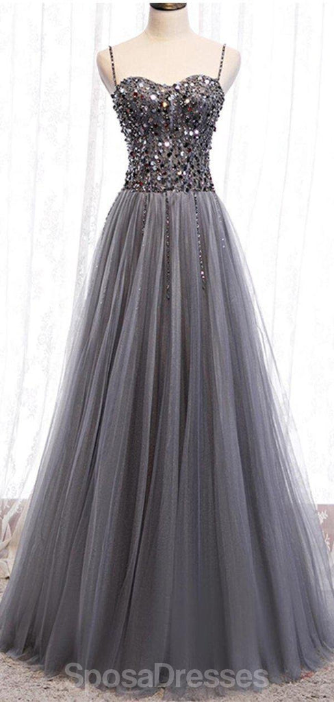 Spaghetti Straps Grey Rhinestone Beaded A-line Long Evening Prom Dresses, Evening Party Prom Dresses, 12330