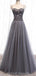 Spaghetti Straps Grey Rhinestone Beaded A-line Long Evening Prom Dresses, Evening Party Prom Dresses, 12330
