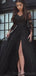 Long Sleeves Black Side Slit Long Evening Prom Dresses, Sweet 16 Prom Dresses, 12364