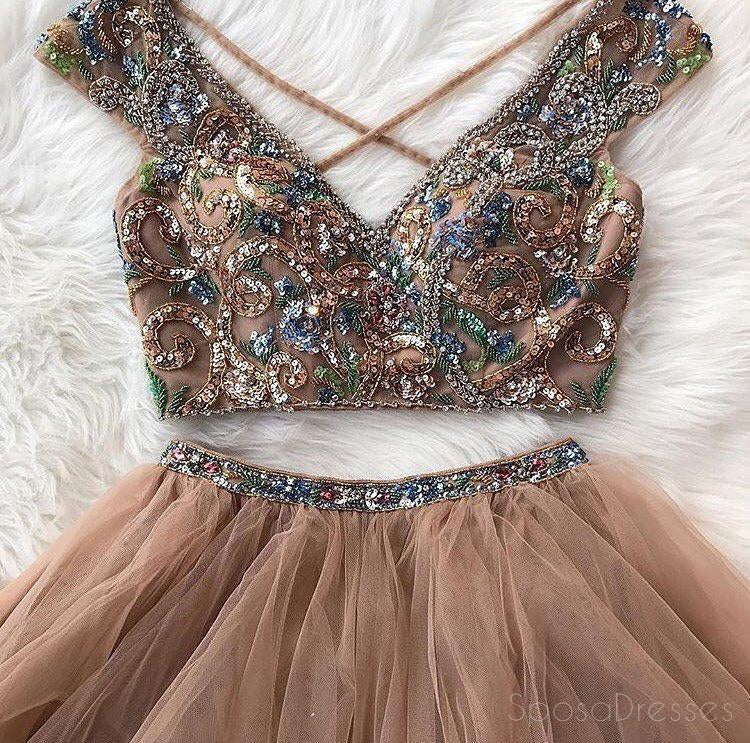 Sexy Two Pieces Cap Sleeve Heavily Beaded Long Evening Prom Dresses, Popular Cheap Long 2018 Party Prom Dresses, 17247