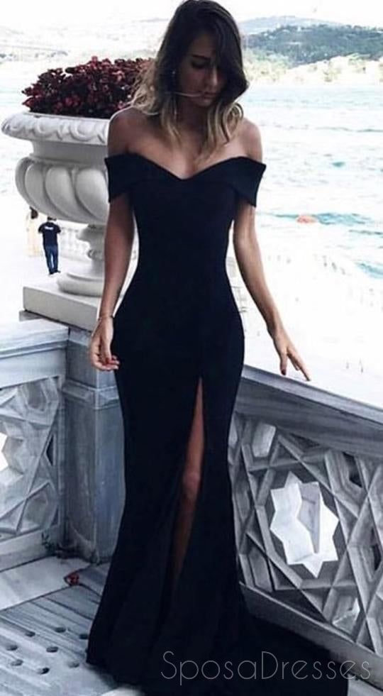 Simple Black Off Shoulder Short Sleeve Side Slit Mermaid Long Custom Evening Prom Dresses, 17417