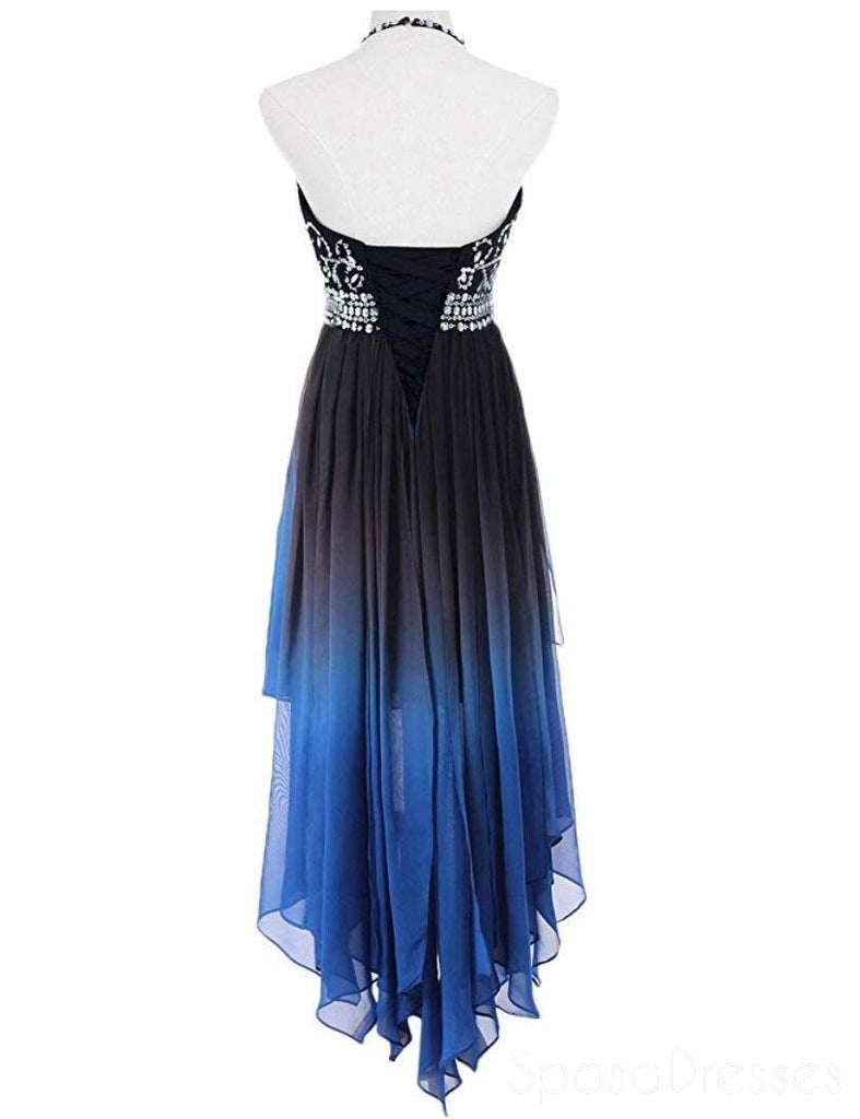 Halter Beaded High Low Chiffon Ombre Cheap Long Evening Prom Dresses, Sweet16 Dresses, 18406