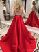 Sexy Backless Deep Neckline Red Skirt Delicate Beading A-line Long Evening Prom Dresses, 17356